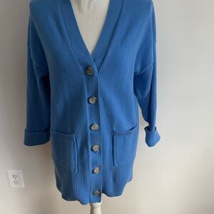 LOFT Bright Blue V-Neck Button-Up Cardigan with Pockets
